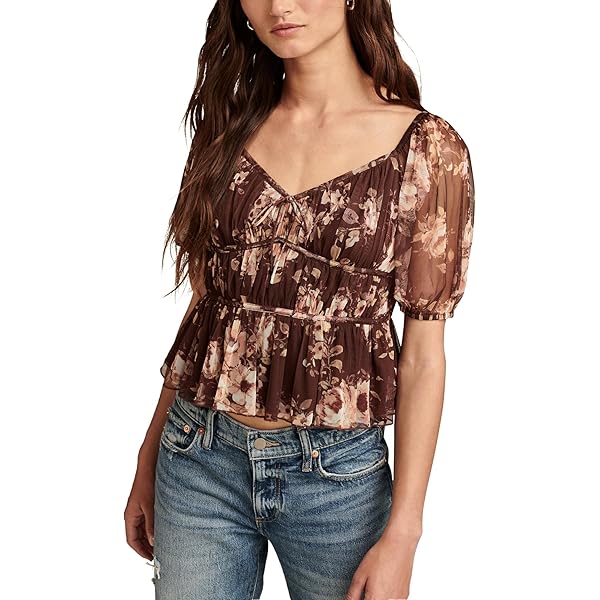 Lucky Brand Women's Gathered Poplin Top, Black Multi at